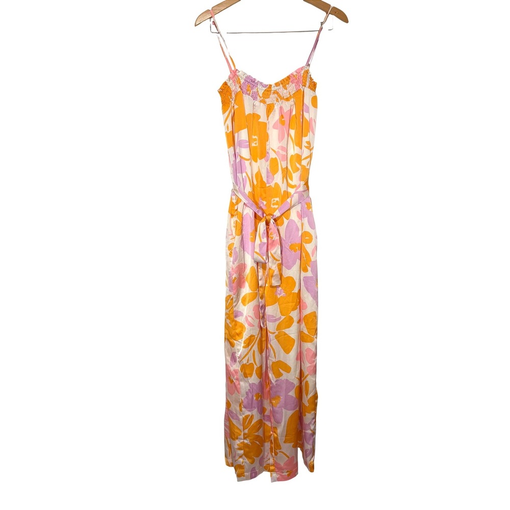Talulah Floral Wide Leg Jumpsuit‎ Orange Pink Satin Feel Smocked Waist Tie Med